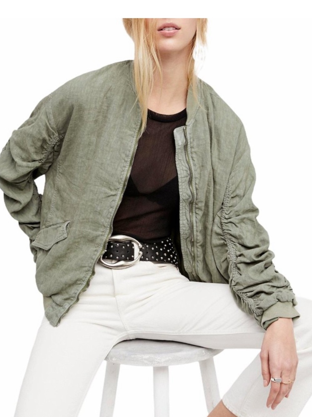 FREE PEOPLE Ruched Linen Bomber Jacket